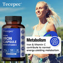 Suplemento de Hierro con Vitamina C - Apoya la Producción de Energía, la Salud Inmunológica, el Transporte de Oxígeno y el Bienestar Diario, Amigable con el Estómago