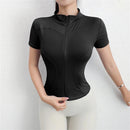Abrigo deportivo ajustado informal para mujer, Tops lisos de manga corta con cremallera, traje de ciclismo para correr y Yoga, chaqueta deportiva de verano